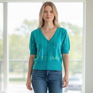 Rue 21 Sequin Cropped short sleeve button down sweater size L